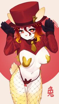 1girl animal_ears black_gloves black_panties blonde_hair breasts cowboy_shot fishnet_pantyhose fishnets furry furry_female gloves grin hair_between_eyes hat highres large_breasts long_hair long_sleeves navel necktie original panties pantyhose pasties rabbit_ears rabbit_girl red_background red_eyes red_hat reverse_bunnysuit reverse_outfit short_necktie smile solo teeth top_hat underwear white_background yellow_fur yoako