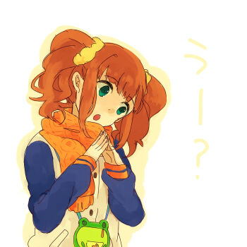 1girl :o female_focus fingernails giga green_eyes head_tilt idolmaster idolmaster_(classic) jacket long_hair orange_hair scarf scrunchie solo takatsuki_yayoi twintails white_background