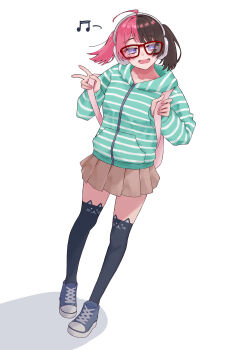 1girl absurdres ahoge alternate_costume backpack bag black_thighhighs blue_shoes brown_hair brown_skirt commentary_request dutch_angle full_body glasses headphones highres hood hooded_jacket jacket looking_at_viewer madtown_gta multicolored_hair open_mouth pink_hair pleated_skirt purple_eyes red-framed_eyewear shoes simple_background skirt sneakers solo split-color_hair standing striped_clothes striped_jacket tachibana_hinano thighhighs twintails two-tone_hair v virtual_youtuber vspo! white_background zephda