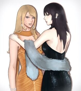 2girls alternate_costume alternate_hairstyle armlet artist_name back backless_dress backless_outfit black_dress black_eyes black_eyeshadow black_hair bleeehrghw blonde_hair blue_eyes breasts closed_mouth commentary cosplay cowboy_shot dress ear_piercing earrings english_commentary eyelashes eyeshadow face_piercing facial_mark fur_shawl genderswap genderswap_(mtf) glint glitter_dress grey_shawl hand_on_another&#039;s_shoulder hand_on_own_hip highres ibispaint_(medium) jane_russell jane_russell_(cosplay) jewelry light_smile long_dress long_hair looking_at_viewer makeup marilyn_monroe marilyn_monroe_(cosplay) medium_breasts multiple_girls naruko_(naruto) naruto_(series) nose_piercing orange_scarf parted_lips photo-referenced piercing profile scarf shawl silver_earrings sleeveless sleeveless_dress spiked_bangs spiked_ear_piercing star_(symbol) star_earrings swept_bangs teeth uchiha_sasuke whisker_markings white_background
