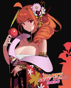 Rule 34 | 1girl, ahoge, bare shoulders, black background, blunt bangs, breasts, brown collar, brown sash, candy, check object, cleavage, closed mouth, collar, commentary, detached collar, dismassd, dragon girl, drill hair, english commentary, floral background, floral print, flower, food, gold gauntlets, hadanugi dousa, hair flower, hair intakes, hair ornament, hair over shoulder, hair stick, happy new year, highres, holding, holding candy, holding food, holding lollipop, hololive, japanese clothes, kanzashi, kimono, kiryu coco, kiryu coco (new year), large breasts, lollipop, long hair, looking at viewer, new year, obi, open kimono, orange hair, oversized food, oversized object, red eyes, red kimono, sarashi, sash, sidelighting, simple background, smile, solo, split mouth, upper body, v-shaped eyebrows, virtual youtuber