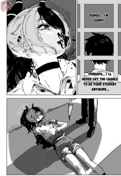 1boy 2girls absurdres amputee aru_(blue_archive) blood blood_from_mouth blood_on_face blue_archive chainsaw_man choker commentary cosplay death english_commentary english_text grenade_pin greyscale halo highres horns kayoko_(blue_archive) monochrome multiple_girls nosebleed polearm polo_shirt reze_(chainsaw_man) reze_(chainsaw_man)_(cosplay) scene_reference sensei_(blue_archive) shadow short_hair shorts spear thanh_thanh weapon window