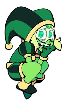 1girl alien alternate_costume blonde_hair blush colored_skin cosplay discount-supervillain face_shield forehead_jewel full_body gem gem_(steven_universe) gloves green_eyes green_skin hat highres jester jester_cap jester_costume open_mouth peridot_(steven_universe) pomni_(the_amazing_digital_circus) pomni_(the_amazing_digital_circus)_(cosplay) puffy_short_sleeves puffy_sleeves short_hair short_sleeves simple_background solo steven_universe striped_clothes striped_headwear the_amazing_digital_circus two-tone_headwear vertical-striped_bodysuit vertical-striped_clothes vertical-striped_headwear