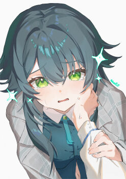 2girls absurdres blush collared_shirt commentary_request crying gakuen_idolmaster green_eyes green_hair green_shirt grey_jacket hair_between_eyes hair_flaps hand_on_another's_arm hand_on_another's_face hataya_misuzu highres idolmaster jacket long_hair long_sleeves looking_at_viewer multiple_girls okuta0_0 open_mouth out_of_frame plaid_clothes plaid_jacket shirt simple_background solo_focus sparkle tears tsukimura_temari twitter_username white_background