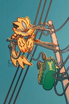 Rule 34 | animal nose, blue fur, body fur, cable, claws, commentary, english commentary, gen 7 pokemon, highres, holding, holding cable, legendary pokemon, multicolored fur, mythical pokemon, neck fur, nintendo, no humans, outdoors, petite echorizon, pokemon, pokemon (creature), power lines, sky, two-tone fur, utility pole, v-shaped eyes, whiskers, yellow fur, zeraora