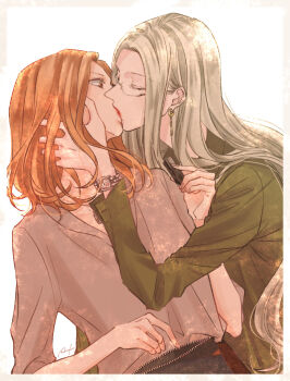 2girls artist_name_(singer) blonde_hair brown_hair closed_eyes cosmetics earrings glasses hand_on_another&#039;s_face hatanaka_yuhi_(hazuki_ruri) hazuki_ruri highres holding holding_lipstick_tube jewelry kiss lipstick_tube looking_at_another multiple_girls original takatsuka_kurumi_(hazuki_ruri) watch wristwatch yuri