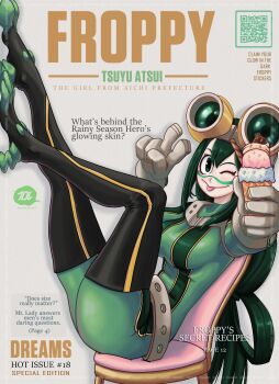 1girl artist_name ass asui_tsuyu asui_tsuyu_(hero_outfit) bodysuit boku_no_hero_academia breasts character_name cover female_focus goggles goggles_on_head green_bodysuit green_eyes green_hair holding_food holding_ice_cream ice_cream large_breasts looking_at_viewer magazine_cover matching_hair/eyes one_eye_closed qr_code smile solo split-toe_footwear superhero_costume tenji thighs v wink