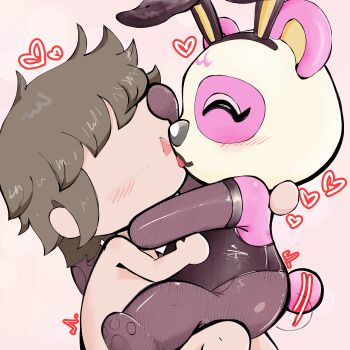 1boy 1girl ^_^ absurdres afterimage animal_crossing animal_ear_hairband animal_ears animal_feet animal_nose bare_shoulders bear_ears bear_girl bear_tail black_gloves black_hairband black_leotard black_pantyhose blush body_fur brown_hair closed_eyes elbow_gloves faceless faceless_male fake_animal_ears french_kiss from_side furry furry_female furry_with_non-furry gloves hairband hand_on_another&#039;s_head happy heart hetero highres interspecies kiss leotard motion_lines nintendo pantyhose pawpads pink_background pink_fur pinky_(animal_crossing) playboy_bunny profile rabbit_ears red_leopard short_hair short_tail sidelocks simple_background tail tail_wagging tongue tongue_out two-tone_fur villager_(animal_crossing) white_fur