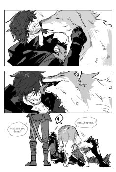 2boys beard_stubble black_gloves black_hair cidolfus_telamon clive_rosfield closed_eyes english_text facial_hair final_fantasy final_fantasy_xvi garbage_paper gloves greyscale grin hair_between_eyes heart highres licking licking_another&#039;s_face male_focus monochrome multiple_boys short_hair smile spoken_heart stubble sword tail tail_wagging teeth torgal_(ff16) weapon wet_face white_background wolf