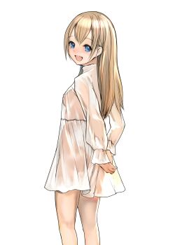 1girl absurdres arms_behind_back ass blonde_hair blue_eyes breasts dress emutsuichi from_behind highres long_hair looking_back no_bra no_panties open_mouth original see-through_clothes see-through_dress small_breasts smile solo standing white_background white_dress