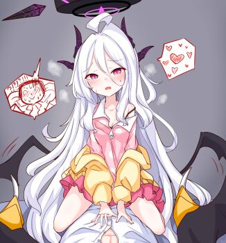 1boy 1girl absurdres alternate_costume black_halo blue_archive blush breasts collarbone couple demon_horns demon_wings doodle_sensei_(blue_archive) grey_background halo heart hetero highres hina_(blue_archive) horns long_hair looking_at_viewer off_shoulder open_clothes open_mouth pajamas peroronti pink_pajamas sensei_(blue_archive) sitting sitting_on_person small_breasts spoken_heart very_long_hair white_hair wings