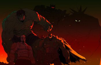 6+boys abs angry_birds animal animal_on_shoulder armor assault_visor bald bird bird_on_shoulder broly_(dragon_ball_z) cape clenched_teeth closed_mouth colored_skin commentary crossover doom_(series) doomguy dragon_ball dragonball_z embers english_commentary facial_hair fire frown full_armor glowing glowing_eyes goatee god_of_war green_eyes green_skin grimlock highres hulk kratos_(god_of_war) large_pectorals legendary_super_saiyan looking_at_viewer male_focus marvel multiple_boys multiple_crossover muscular muscular_male pectorals power_armor praetor_suit primusibi red_(angry_birds) silhouette super_saiyan teeth topless_male trait_connection transformers transformers:_war_for_cybertron unfinished