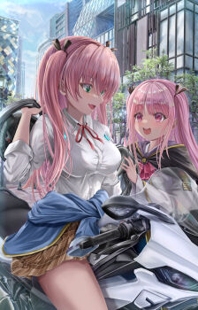 Rule 34 | 2girls, :d, absurdres, aged up, aikawa megumi, bag, black cape, black cloak, black ribbon, blue jacket, blush, bow, breasts, brown skirt, building, cape, city, cloak, clothes around waist, collared shirt, commentary request, cowboy shot, crossover, day, eyelashes, green eyes, hair ornament, hair ribbon, hand up, heaven burns red, highres, holding, holding bag, hood, jacket, jacket around waist, kunimi tama, kuroe maruru, large breasts, long hair, long sleeves, looking at another, miniskirt, motor vehicle, motorcycle, multiple girls, neck ribbon, on motorcycle, open mouth, outdoors, pink eyes, pink hair, plaid clothes, plaid skirt, pleated skirt, red ribbon, ribbon, riding, school uniform, shirt, sitting, skirt, sky, smile, straight hair, teeth, thighs, tree, twintails, two side up, upper teeth only, white shirt