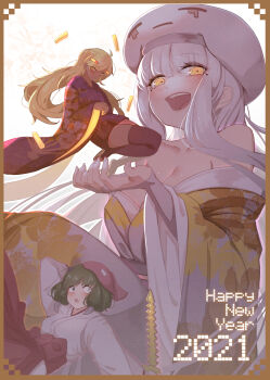 2021 3girls absurdres at2. bare_shoulders beret blaze_(minecraft) blaze_rod blonde_hair blush border breasts cleavage commentary_request dark-skinned_female dark_skin ghast giant giantess glowing golden_sword green_hair hair_ornament happy_new_year hat heterochromia highres humanization japanese_clothes kimono long_hair long_sleeves looking_at_viewer minecraft mob_talker mole mole_under_eye multiple_girls new_year obi open_mouth personification sash short_hair teeth thighhighs upper_teeth_only very_long_hair white_headwear white_kimono wide_sleeves yellow_eyes zombified_piglin