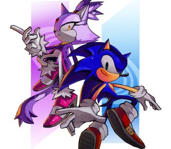 1boy 1girl animal_ears blaze_the_cat blue_fur cat_ears cat_girl cat_tail forehead_jewel fur-trimmed_gloves fur-trimmed_shoes fur_trim furry furry_female furry_male gloves pink_shoes purple_fur red_shoes shoes sonic_(series) sonic_rush sonic_the_hedgehog tail white_gloves wvcyclone yellow_eyes