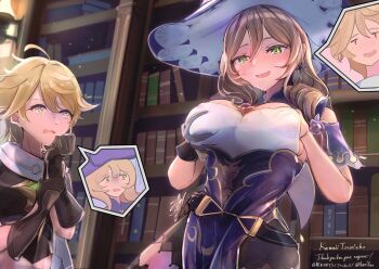 1boy 1girl :d aether_(genshin_impact) aroused artist_name belt black_belt black_dress black_shorts black_thighhighs blonde_hair blush body_switch book bookshelf breasts brown_gloves brown_shirt cleavage_cutout clothing_cutout commentary commission commissioner_name covered_erect_nipples cowboy_shot double-parted_bangs dress elbow_gloves english_commentary genshin_impact gloves grabbing_own_breast green_eyes hair_between_eyes hat hooriyuu indoors large_breasts library lisa_(genshin_impact) long_hair looking_at_another looking_down medium_hair messy_hair midriff multicolored_dress open_mouth personality_switch purple_dress purple_hat scarf second-party_source shirt short_sleeves shorts shoulder_cutout skeb_commission smile thighhighs turtleneck turtleneck_dress vision_(genshin_impact) watermark wavy_hair white_dress white_scarf witch_hat