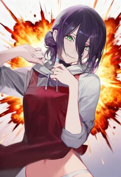 1girl apron black_choker blush chainsaw_man choker explosion explosion_background facing_viewer floating_clothes green_eyes grenade_pin hair_between_eyes hair_bun head_tilt highres hood hood_down hoodie long_sleeves looking_at_viewer medium_hair midriff midriff_peek navel panties purple_hair red_apron reze_(chainsaw_man) sidelocks sleeves_rolled_up smile solo underwear white_background white_hoodie white_panties yunbu_m
