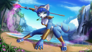 1girl animal_ears animal_nose arm_tattoo arm_up armor artist_name bikini bikini_top_only blue_fur blue_hair body_fur breasts circlet cleavage daniel_tibana dated female_focus fox_ears fox_girl fox_tail full_body furry furry_female gem gold green_eyes green_gemstone highres krystal leg_tattoo leg_up legs loincloth medium_breasts navel nintendo outdoors red_gemstone sandals shin_guards short_hair shoulder_armor signature snout solo staff star_fox star_fox_adventures strapless strapless_bikini swimsuit tail tail_ornament tail_ring tattoo thighs two-tone_fur vambraces white_fur white_sandals yellow_bikini