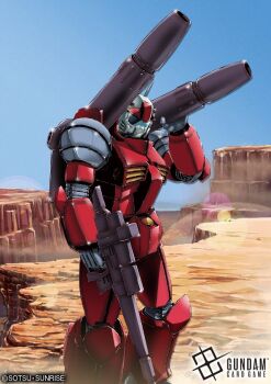 assault_visor beam_rifle blue_sky copyright_logo copyright_notice earth_federation energy_gun green_visor gun guncannon gundam gundam_card_game holding holding_gun holding_weapon humanoid_robot logo mecha mobile_suit mobile_suit_gundam moyashi_koubou no_humans official_art outdoors robot shoulder_cannon sky solo weapon