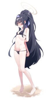 Rule 34 | 1girl, bags under eyes, bikini, black bikini, black hair, blue archive, breasts, brown halo, full body, grey eyes, hairband, halo, highres, jewelry, long hair, lowleg, lowleg bikini, necklace, official alternate costume, ponytail, purple hairband, shijima (shizima 03), simple background, small breasts, solo, swimsuit, ui (blue archive), ui (swimsuit) (blue archive), white background