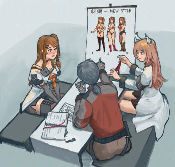 1boy 2girls animal_ears between_legs black_gloves black_hair blush breast_ribbon brown_hair brown_pants cat_ears choker coat commander_(girls&#039;_frontline) elbow_gloves girls&#039;_frontline girls&#039;_frontline_2:_exilium gloves grey_background hand_between_legs highres k2_(girls&#039;_frontline) lab_coat long_sleeves looking_to_the_side multiple_girls notebook ok_sign orange_ribbon pants persica_(girls&#039;_frontline) pink_hair pointing ponytail red_slippers reference_sheet ribbon side_ponytail simple_background sitting slippers stas_(wwy) thighhighs thighs white_coat yoohee_(girls&#039;_frontline_2)