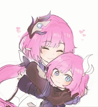 Rule 34 | 2girls, 5rwpvc, blue eyes, coat, color connection, company connection, corset, cyrene (philia093) (honkai: star rail), cyrene (honkai: star rail), elf, elysia (honkai impact), elysia (miss pink elf) (honkai impact), hair color connection, hair ornament, heart, highres, honkai: star rail, honkai (series), honkai impact 3rd, hug, inoue marina, long hair, looking at viewer, multiple girls, pink hair, pointy ears, purple coat, short hair, simple background, smile, voice actor connection, white background, white corset, yanning