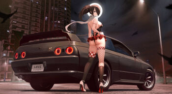 1girl absurdres apartment ass asymmetrical_legwear bird black_car black_leotard black_thighhighs blue_eyes breasts brown_hair building car checkered_flag commentary_request commission exhaust_pipe fishnet_thighhighs fishnets flag from_behind from_below full_body full_moon gloves hand_on_own_hip high_ponytail highres jersey_barrier kazama_levy kcar66t lamppost leotard license_plate looking_at_viewer looking_back medium_breasts medium_hair miniskirt mismatched_legwear moon motor_vehicle night night_sky nissan nissan_skyline nissan_skyline_gt-r nissan_skyline_r32 pixiv_commission ponytail race_queen red_skirt road scarf single_fishnet_legwear single_thighhigh skirt sky smile solo spoiler_(automobile) sports_car standing star_(sky) strapless strapless_leotard street thighhighs trinity_seven vehicle_focus white_gloves white_high_heels white_scarf wind wind_lift