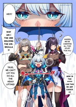 3girls absurdres anger_vein bag black_dress black_jacket black_thighhighs blue_dress blue_eyes blush cerydra_(honkai:_star_rail) detached_sleeves dress eating english_text glasses grey_hair hat heta highres holding holding_umbrella honkai:_star_rail honkai_(series) hysilens_(honkai:_star_rail) jacket long_hair medium_hair multiple_girls open_clothes open_jacket shirt speech_bubble stelle_(honkai:_star_rail) sunglasses thighhighs trailblazer_(honkai:_star_rail) umbrella white_hair white_shirt yellow_eyes