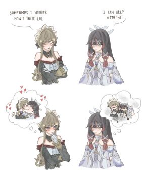 Rule 34 | 2girls, absurdres, bare shoulders, biting, biting arm, black collar, black hair, black sleeves, blue eyes, blush, bolt (hardware), bonnet, breasts, brown hair, closed eyes, closed mouth, collar, columbina (genshin impact), commentary, detached collar, detached sleeves, dress, english commentary, english text, eye mask, gears, genshin impact, gloves, hair ornament, head wings, headdress, heart, highres, how i taste (meme), imagining, kiss, long hair, long sidelocks, long sleeves, maplepixy, mask, meme, misunderstanding, multicolored hair, multiple girls, multiple wings, open mouth, purple hair, purple streaks, ribbon, sandrone (genshin impact), see-through clothes, see-through mask, sharp teeth, short hair, short hair with long locks, sidelocks, simple background, smile, smiley face, speech bubble, streaked hair, teeth, thought bubble, two-tone hair, very long hair, white background, white dress, white headdress, white mask, white wings, winding key, wing hair ornament, wings, wrist bow, x-shaped eyewear, yuri