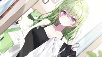 1girl absurdres bed bedroom black_chemise breasts chemise chico_(yuzuha_riko) cleavage closet clothes_hanger collarbone commentary_request commission curtains dabi_(15dldl15) green_hair highres holding holding_clothes_hanger korean_clothes korean_commentary long_hair picture_frame plant purple_eyes shirt stellive upper_body virtual_youtuber white_shirt yuzuha_riko