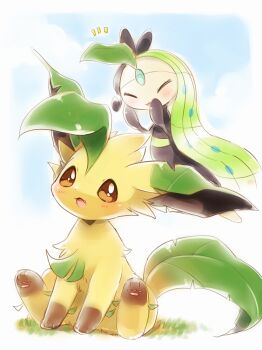 1girl :3 blush choko_(sweetpocket) closed_eyes commentary_request fang full_body gen_4_pokemon gen_5_pokemon grass green_hair highres leaf leafeon legendary_pokemon looking_up meloetta meloetta_(aria) mythical_pokemon nintendo open_mouth pawpads pokemon pokemon_(creature) pokemon_focus sitting smile yellow_fur