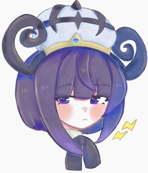 1girl black_ribbon blue_hair blunt_bangs blush bob_cut closed_mouth commentary_request gradient_hair gwynn_(pokemon) hat highres looking_at_viewer mega_stone multicolored_hair neck_ribbon nintendo pokemon pokemon_legends:_z-a portrait purple_eyes purple_hair ribbon short_hair solo usa130731 white_background