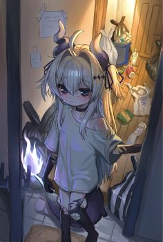 1girl apartment bags_under_eyes bandaged_leg bandages blue_eyes choker colored_skin crying crying_with_eyes_open fang fire flame-tipped_tail furrowed_brow hair_intakes highres horns loli long_hair monster_girl original purple_eyes purple_skin shirt skin_fang tail tears trash twintails vaipyre vaipyre_(vtuber) white_hair white_skin