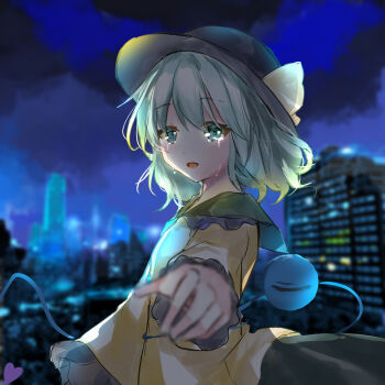1girl black_hat building cloud commentary_request crying crying_with_eyes_open eyeball frilled_sleeves frills green_eyes green_hair hat hat_ribbon highres komeiji_koishi long_sleeves looking_at_viewer minatsuki_yurara night open_mouth outdoors reaching reaching_towards_another ribbon shirt sky solo tears third_eye touhou wide_sleeves yellow_ribbon yellow_shirt