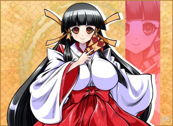 1girl arcana_heart arm_up artist_name black_hair brown_eyes highres japanese_clothes kasuga_maori long_hair long_skirt looking_at_viewer miko skirt smile solo talisman very_long_hair