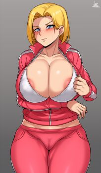 1girl absurdres android_18 blonde_hair breasts cameltoe dragon_ball higher_resolution_available highres huge_breasts jmg solo track_suit