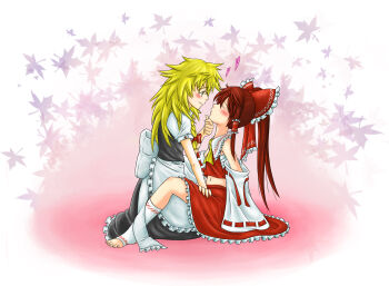 Rule 34 | 2girls, absurdres, apron, blonde hair, blush, braid, brown hair, closed eyes, female focus, hair ribbon, hakurei reimu, heart, highres, japanese clothes, kirisame marisa, leaf, long hair, maple leaf, miko, multiple girls, namuro, open mouth, ribbon, skirt, smile, touhou, yellow eyes, yuri