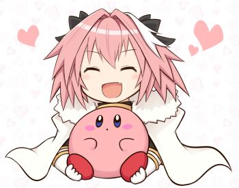 Rule 34 | 1boy, 1other, androgynous, astolfo (fate), astolfo (rider) (fate), black bow, black sweater, bow, braid, cape, closed eyes, colored skin, commentary request, creature, fang, fate/apocrypha, fate (series), fur-trimmed cape, fur trim, gauntlets, gorget, hair bow, hair intakes, heart, holding, holding creature, kirby, kirby (series), light blush, long hair, multicolored hair, multiple hair bows, nintendo, open mouth, patyu3, pink hair, pink skin, single braid, skin fang, smile, streaked hair, sweater, upper body, white cape, white hair
