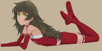 1girl bare_shoulders choker closed_mouth dress elbow_gloves feet_up frown full_body gloves green_eyes green_hair highres hiyajou_maho long_hair looking_at_viewer lying menomorute no_shoes on_stomach red_choker red_dress red_gloves ringed_eyes santa_costume science_adventure simple_background soles solo steins;gate steins;gate_0 thighhighs