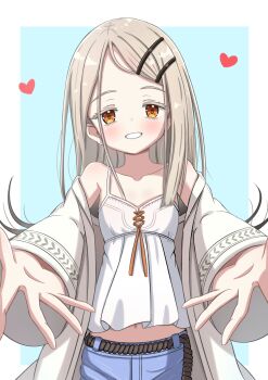 1girl absurdres blue_background blue_shorts border brown_eyes camisole cardigan commentary cowboy_shot earrings gakuen_idolmaster grey_cardigan grin hair_ornament hairclip heart highres idolmaster jewelry jiu_(sdesd3205) long_hair long_sleeves looking_at_viewer midriff navel outside_border parallel_hairclips parted_lips reaching reaching_towards_viewer shinosawa_hiro shorts smile solo straight-on stud_earrings thick_eyelashes white_border white_camisole