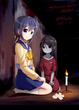 2girls absurdres black_hair blood blue_eyes blue_skirt blush chinese_commentary colored_skin commentary_request corpse_party dated dress full_body ghost_girl grey_eyes grey_skin harumakoto47 highres kneeling long_hair looking_at_viewer multiple_girls neckerchief ponytail red_dress school_uniform serafuku shinozaki_ayumi shinozaki_sachiko skirt socks torn_clothes torn_dress translation_request twitter_username white_serafuku white_socks yellow_neckerchief
