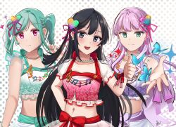 Rule 34 | 3girls, absurdres, bead necklace, beads, black hair, bug, butterfly, closed mouth, commentary, commission, english commentary, frown, green eyes, green hair, grey eyes, hair ornament, heart, heart hair ornament, highres, in-franchise crossover, insect, jewelry, long hair, looking at viewer, love live!, love live! nijigasaki high school idol club, love live! superstar!!, medium hair, multiple girls, navel, necklace, onitsuka tomari, open mouth, pixiv commission, purple hair, reaching, reaching towards viewer, red eyes, sidelocks, signature, smile, standing, stomach, thumbs up, twintails, upper body, whin, wien margarete, yuki setsuna (love live!)