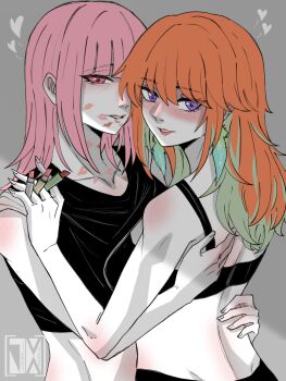 2girls alternate_costume blush breasts collarbone couple facial_mark green_hair height_difference highres hololive hololive_english jasper_xandros large_breasts lipstick_mark lipstick_mark_on_neck long_hair mori_calliope multicolored_hair multiple_girls open_mouth orange_hair pink_hair purple_eyes smile takanashi_kiara virtual_youtuber yuri