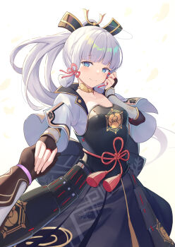 1girl aether_(genshin_impact) airool armor ayaka_(genshin_impact) blue_eyes blunt_bangs blush bow breastplate breasts collarbone commentary_request dress genshin_impact hair_bow hair_ribbon highres holding_hands kamisato_clan_(emblem) long_hair long_sleeves looking_at_viewer ponytail purple_hair revision ribbon smile solo_focus white_background