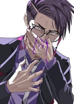 1boy akisame_kanon black-framed_eyewear black_coat blood coat collared_shirt commentary_request corbeau_(pokemon) covering_own_mouth glasses hand_on_own_chest hand_over_own_mouth highres injury lapels layered_sleeves long_sleeves male_focus necktie nintendo open_clothes open_coat pokemon pokemon_legends:_z-a purple_blood purple_shirt round_eyewear shirt simple_background solo sweat upper_body white_background white_necktie yellow_eyes