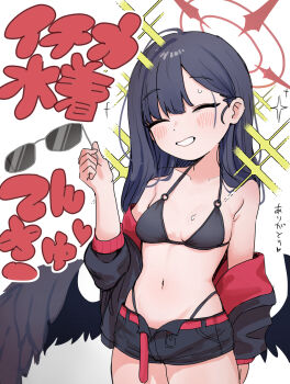 Rule 34 | 1girl, belt, bikini, bikini bottom under shorts, bikini under clothes, black bikini, black hair, black jacket, black shorts, black wings, blue archive, breasts, closed eyes, commentary request, cowboy shot, dovepopon, grin, halo, highres, holding, holding removed eyewear, ichika (blue archive), ichika (swimsuit) (blue archive), jacket, light blush, long hair, low wings, navel, o-ring, o-ring bikini, o-ring top, off shoulder, open fly, red belt, red halo, shorts, small breasts, smile, solo, sparkle, standing, sunglasses, swimsuit, translation request, unworn eyewear, white background, wings