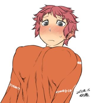 1girl blush breasts dated large_breasts long_sleeves looking_at_viewer nerv no_bra nose_blush orange_shirt original red_eyes red_hair shirt short_hair signature simple_background sweatdrop tsukudani_(coke-buta) upper_body very_short_hair white_background