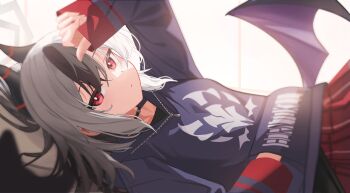 1girl absurdres black_hair black_hoodie black_horns black_wings blue_archive closed_mouth commentary_request demon_horns demon_wings grey_hair grey_halo hair_between_eyes halo highres hood hood_down hoodie horns kayoko_(blue_archive) long_hair long_sleeves mixed-language_commentary multicolored_hair red_eyes revision ryoya single_wing solo wings