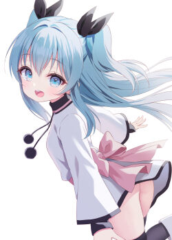 1girl ass black_ribbon black_thighhighs blue_eyes blue_hair boots chitosezaka_suzu commission dress from_side highres leg_up loli long_hair no_panties noel_(sora_no_method) open_mouth ribbon short_dress skeb_commission smile solo sora_no_method standing standing_on_one_leg thighhighs thighs two_side_up white_boots white_dress wind wind_lift