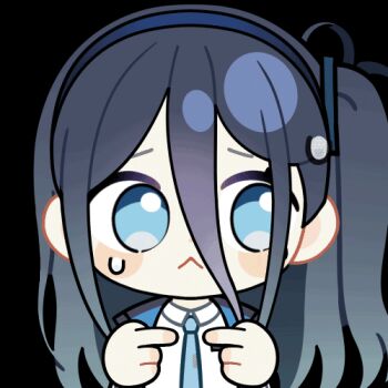 1girl :< animated animated_gif aqua_eyes aqua_necktie aris_(blue_archive) black_jacket blue_archive blue_hair blue_hairband blue_jacket blush_stickers chibi chunye_haruya closed_mouth collared_shirt disembodied_hand dot_nose hair_between_eyes hairband index_fingers_together jacket long_bangs long_hair long_hair_between_eyes looking_at_viewer lowres multicolored_jacket necktie one_side_up open_clothes open_jacket school_uniform second-party_source shirt simple_background solo sweat sweatdrop transparent_background upper_body white_jacket white_shirt